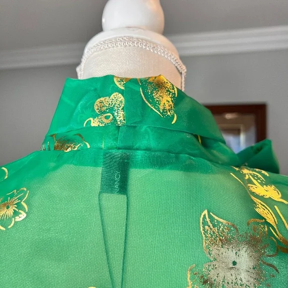 #A117 Nancy Sheer Luxe Green & Gold Organza Puff Sleeve Top NWT L - Picture 14 of 14
